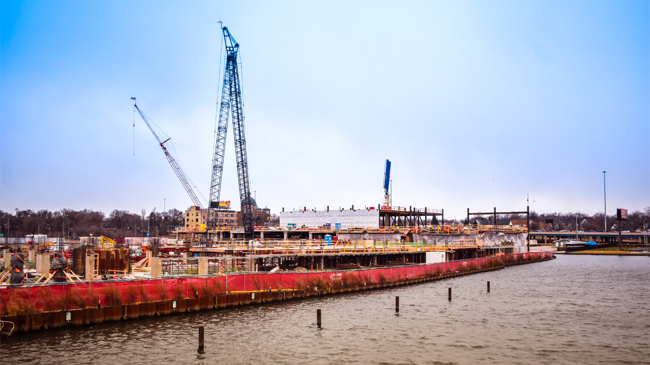 Construction continues on the Michels Corp. R1VER project in Milwaukee’s Harbor District.