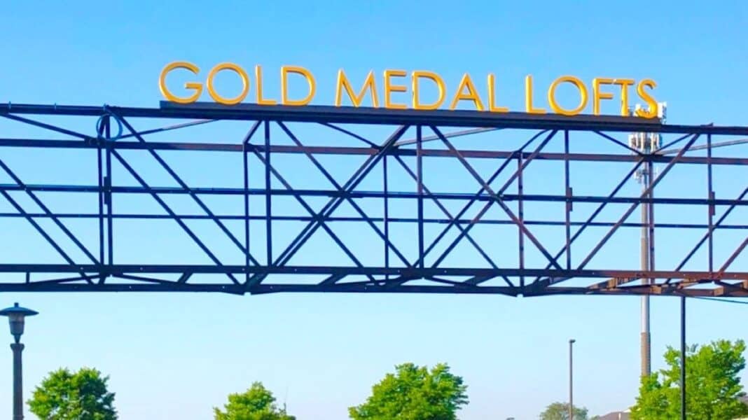 Gold Medal Lofts catwalk sign. Photo courtesy of J. Jeffers & Co. Gold Medal Lofts catwalk sign. Photo courtesy of J. Jeffers & Co.